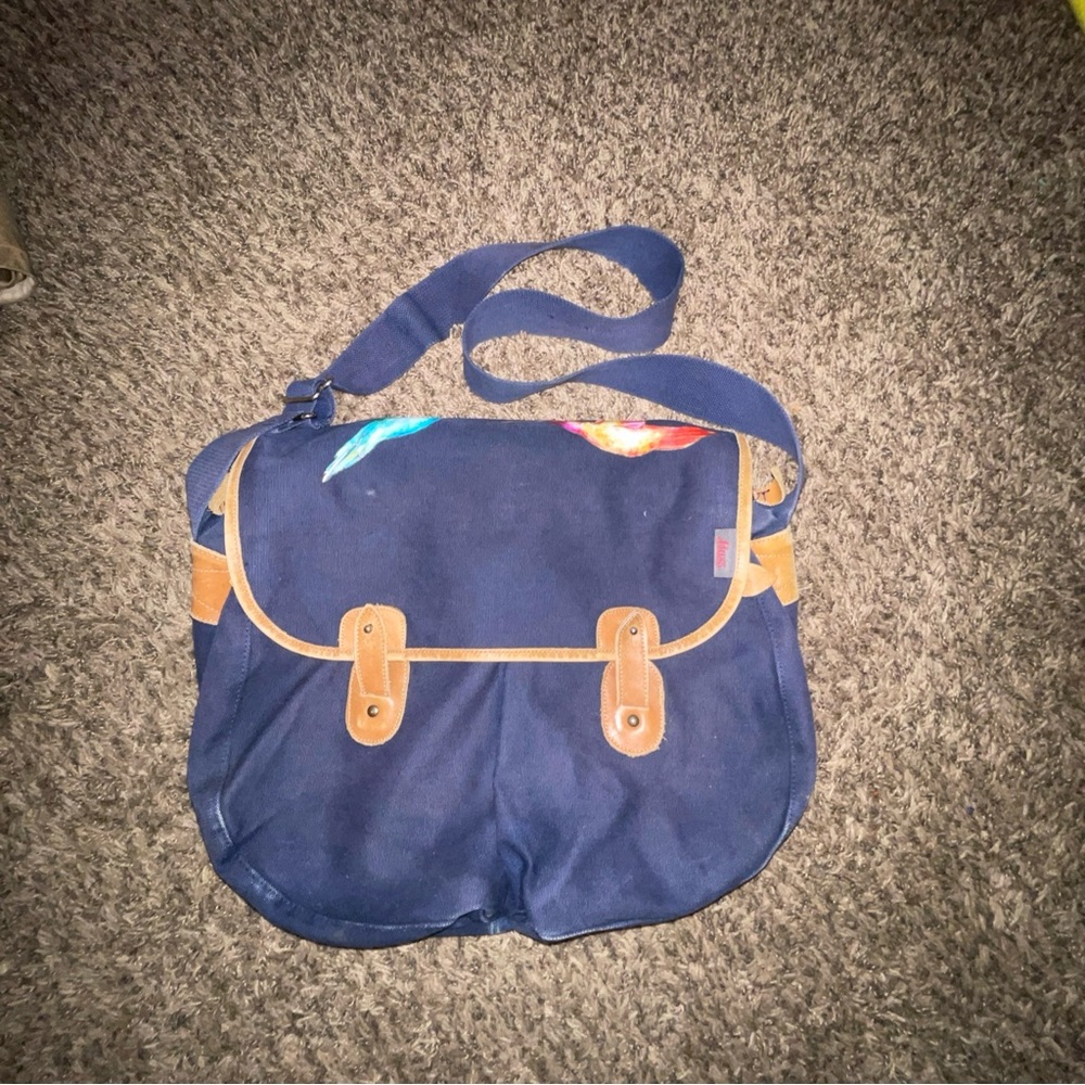 Bass Vintage Leather & Cotton Canvas Fishing Bag Messenger Bag Blue/Tan